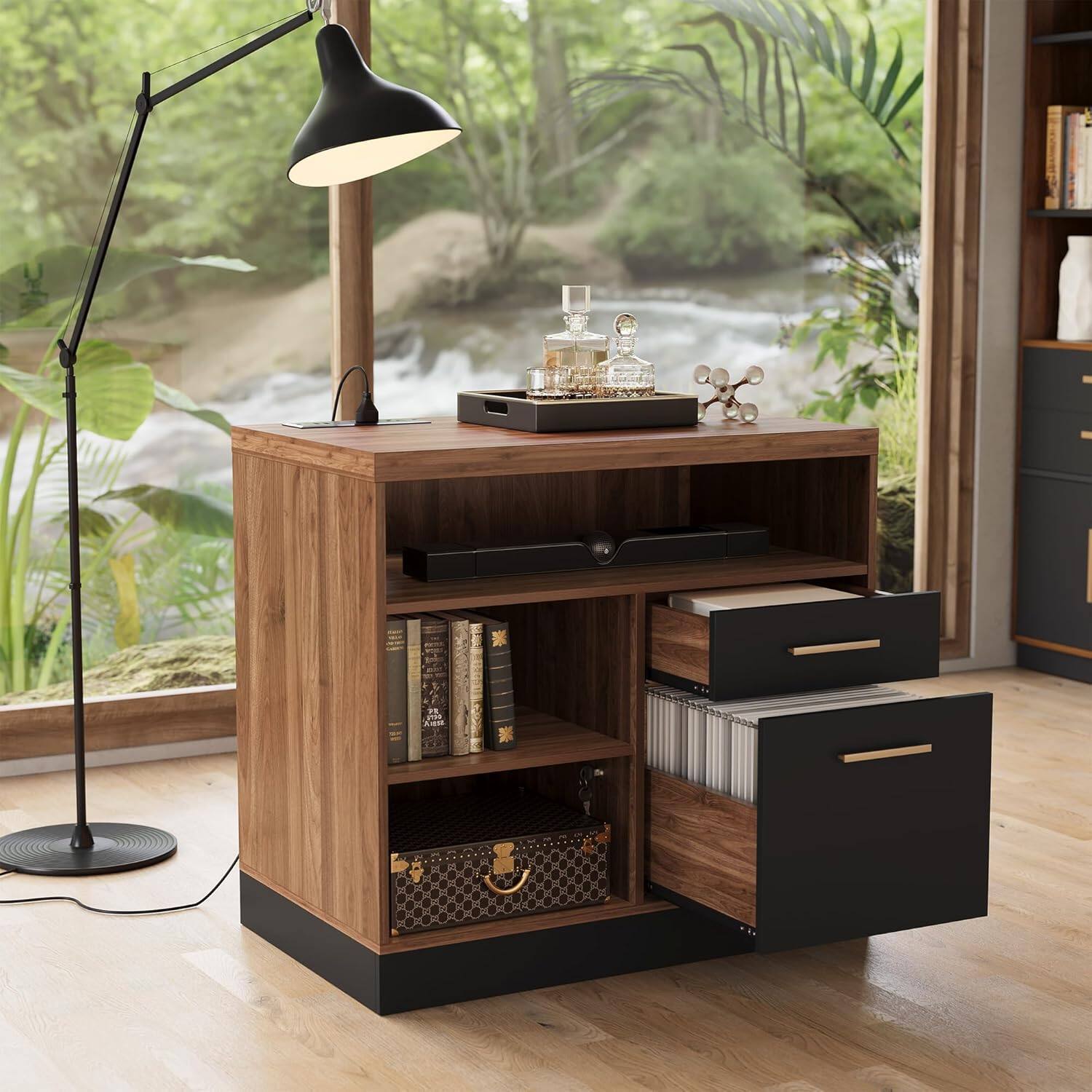 Alt View 2. ModernMate - 2 Drawer Wood File Cabinet, Filing Cabinet with Lock, Power Strip and Storage Shelves.