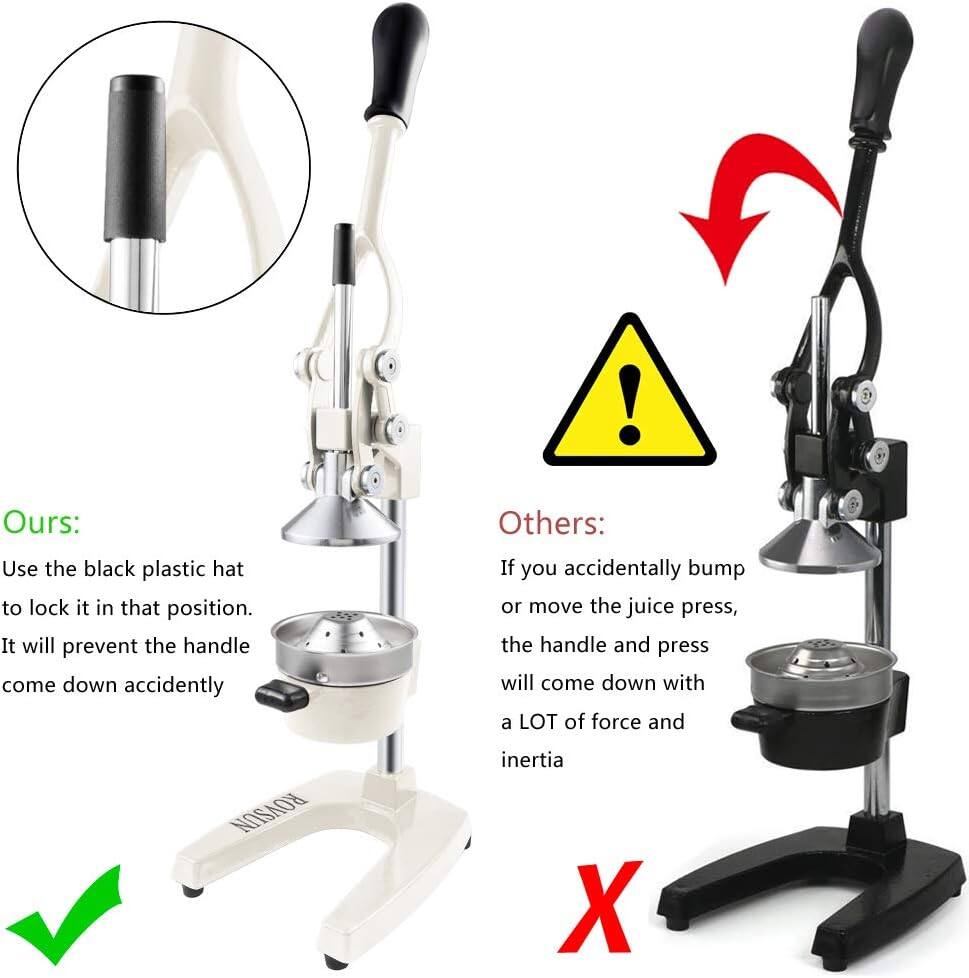 Ours: Use the black plastic hat to lock it in that position. It will prevent the handle from coming down accidentally.

Others: If you accidentally bump or move the juice press, the handle and press will come down with a LOT of force and inertia.