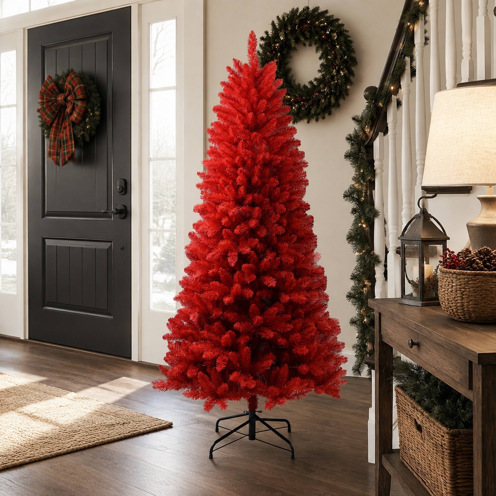 Alt View 1. RYHNUYNE - 5FT Pure Red PVC Christmas Tree, 624 Branch Tips Hinged Branches Stable Metal Stand Bold Holiday Decoration - Red.