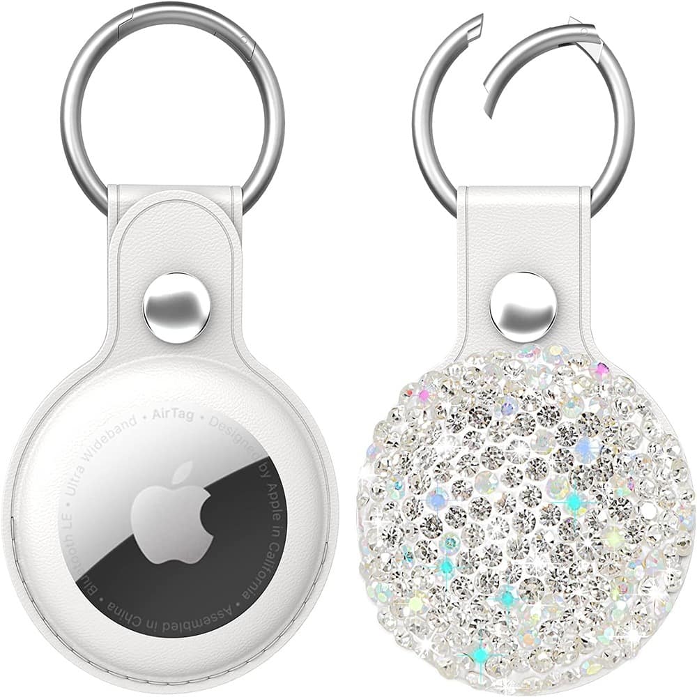 RTMB - Bling Diamond Case for AirTag, Sparkly Leather Keychain, Rhinestone - Silver