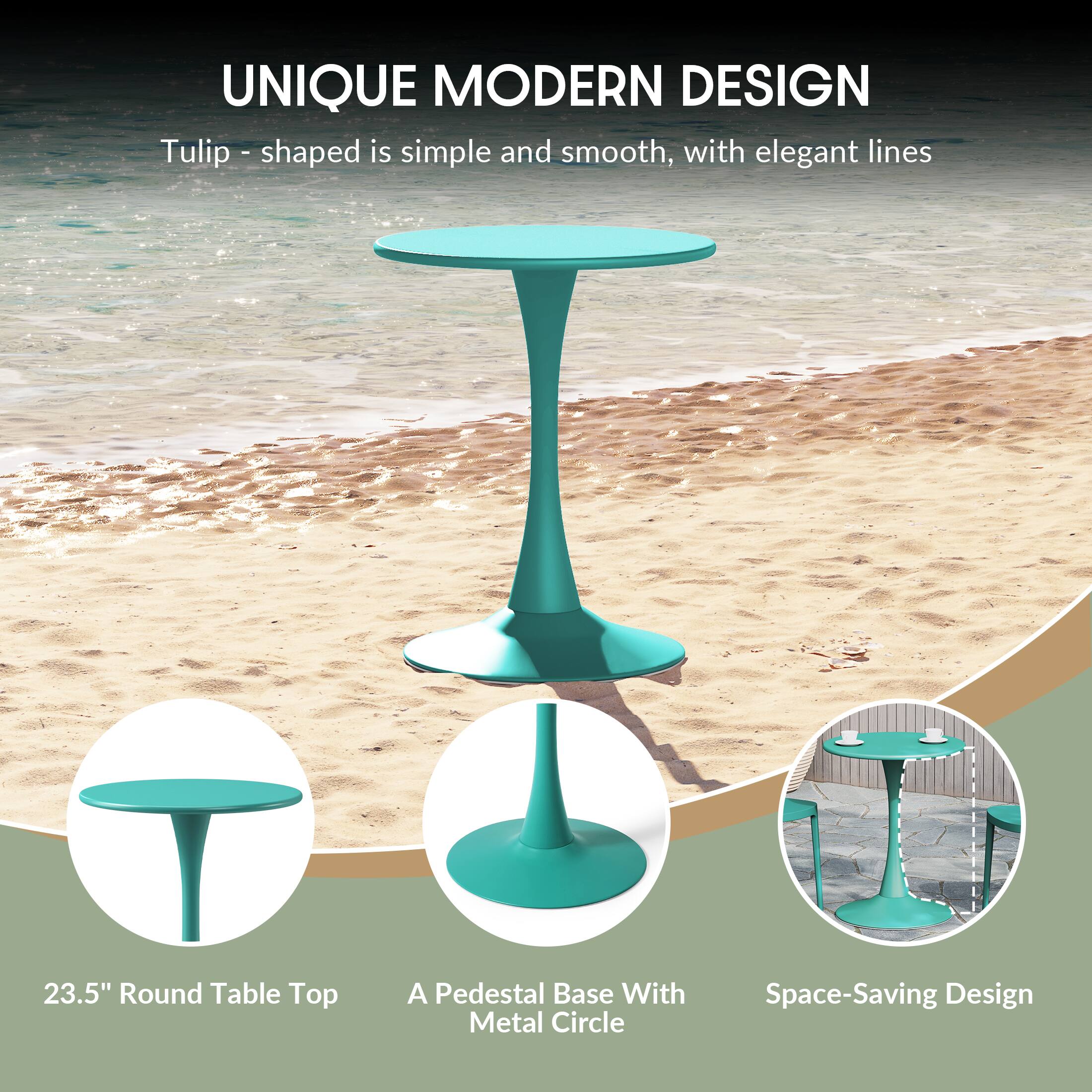 UNIQUE MODERN DESIGN  
Tulip-shaped is simple and smooth, with elegant lines  

23.5" Round Table Top  
A Pedestal Base With Metal Circle  
Space-Saving Design