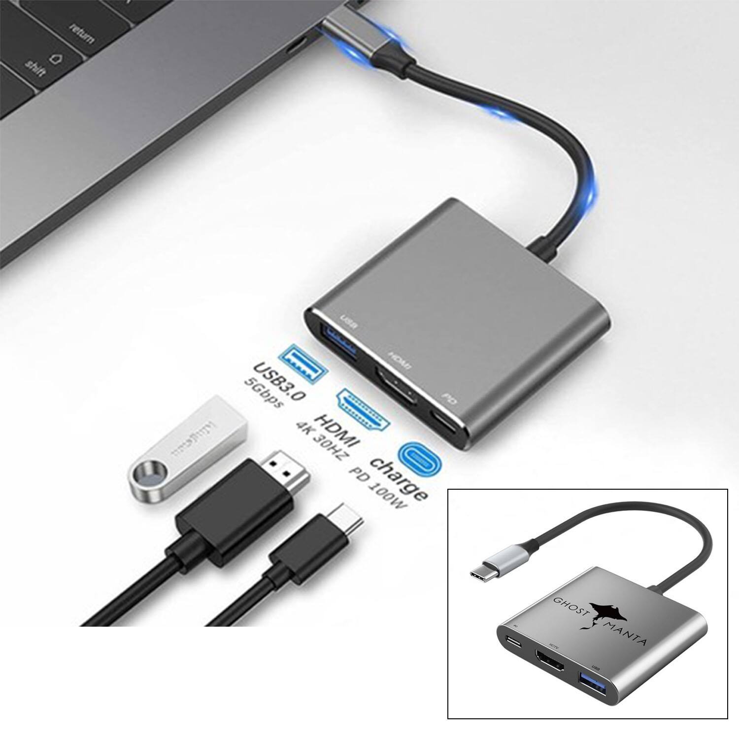 Shift Return: USB3.0 HDAN 5Gbps USB3.0 0 PD 4K HDMI 30Hz PD Charge 100W GHOST MANTA