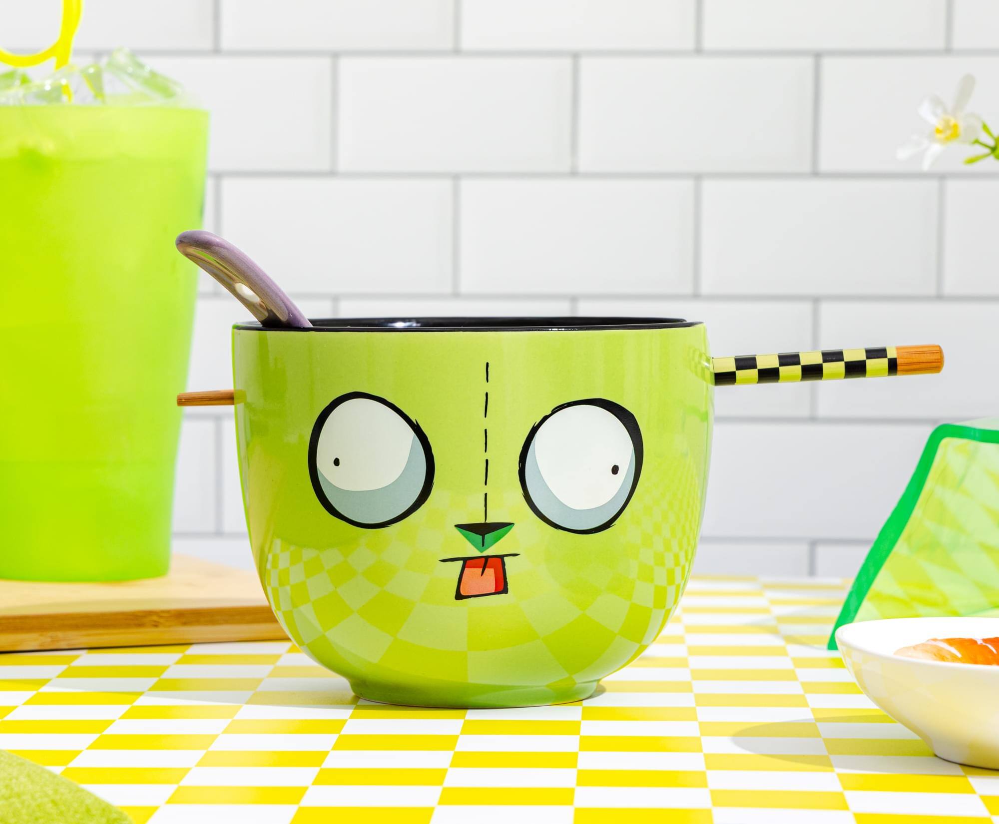 Alt View 4. Silver Buffalo - Invader Zim GIR Ceramic Ramen Bowl, Chopstick, and Spoon Set - Green.