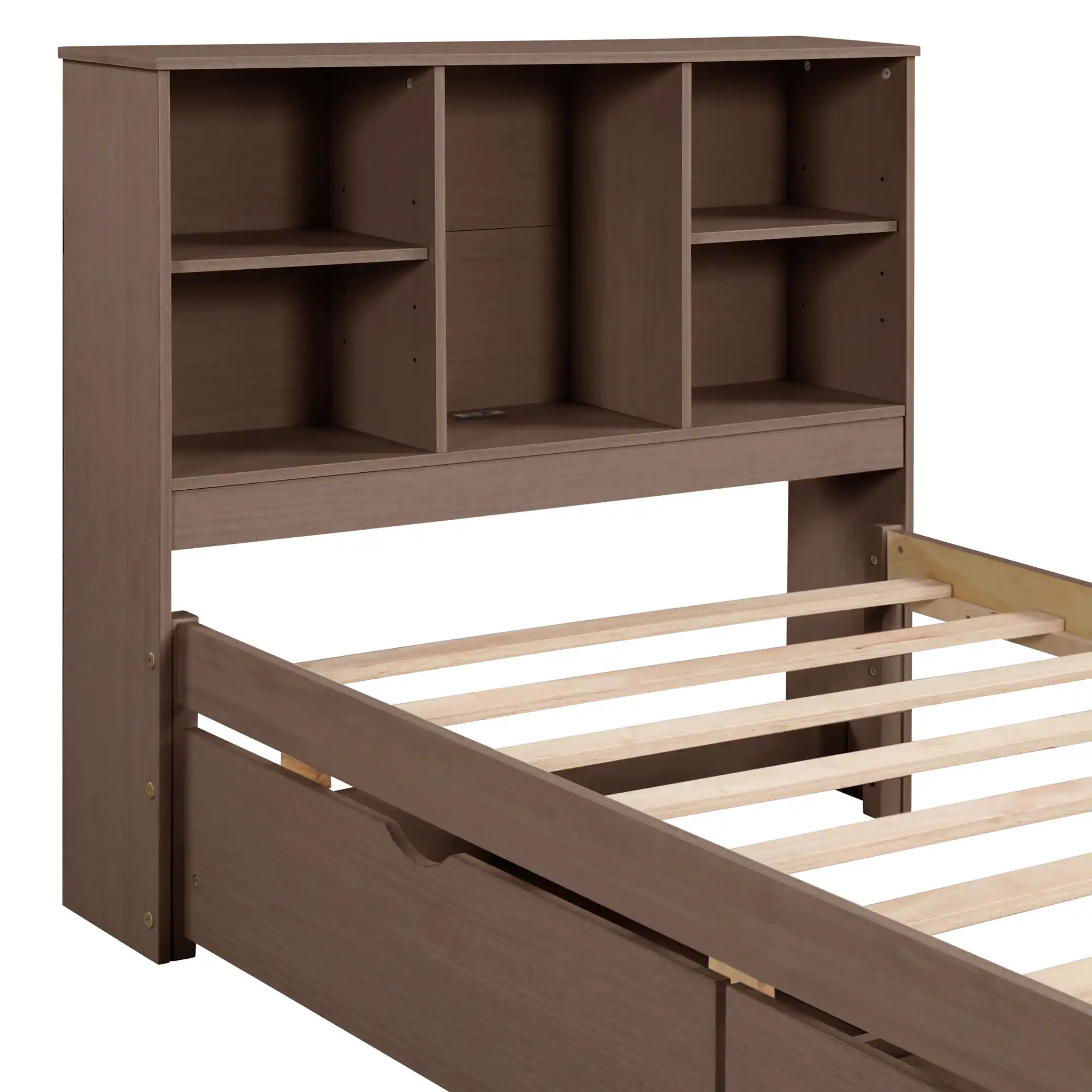 Alt View 8. GOODSILO - Contemporary Twin Size Bed Frame with USB Charging Port, Bookcase Headboard, and Underbed Storage Drawers - Walnut.