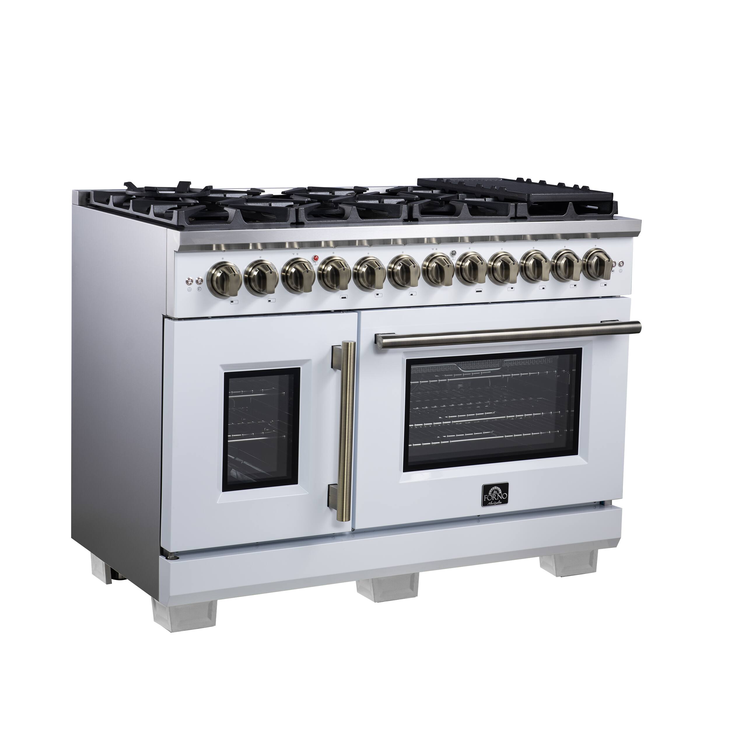 Left. Forno Appliances - Capriasca 6.58 Cu. Ft. Freestanding Dual Fuel True Convection Range with French Doors - White.