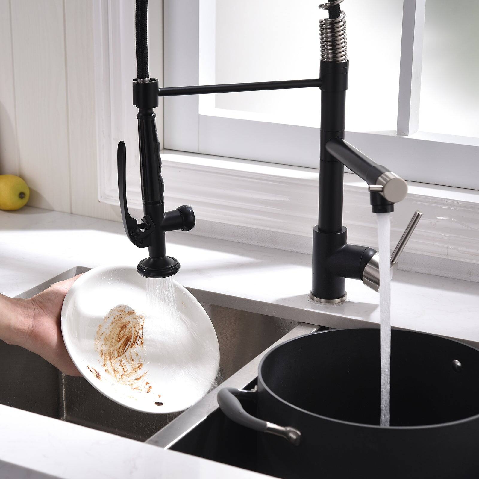 Alt View 10. Boyel Living - Matte Black with Brushed Nickel Dual Function Single Handle Gooseneck Pull Down Sprayer Kitchen Faucet - Matte Black with Brushed Nickel.