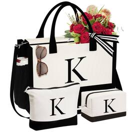 Paradigms Interiors - Initial Canvas Tote Bag & Makeup Birthday Gifts For Women Mom Sister Friends Bridesmaid Wedding - K