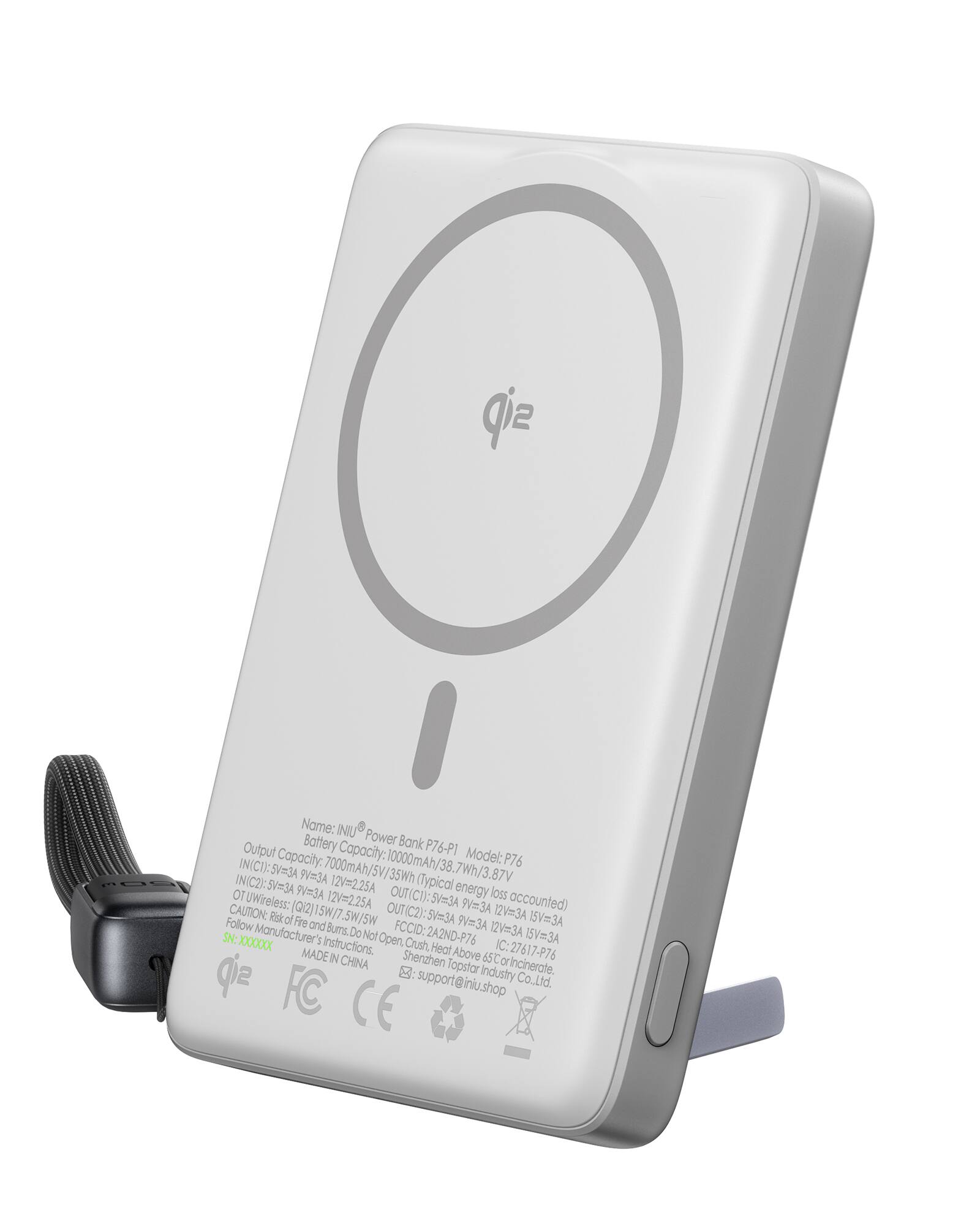 The image features a white device with a circular design, which is a portable power bank. The device has a capacity of 10000mAh and is suitable for charging smartphones and other electronic devices. The power bank is made in China and has a FCC ID of 2A2ND-P76. The manufacturer's instructions should be followed to ensure safe use and proper functioning of the device.