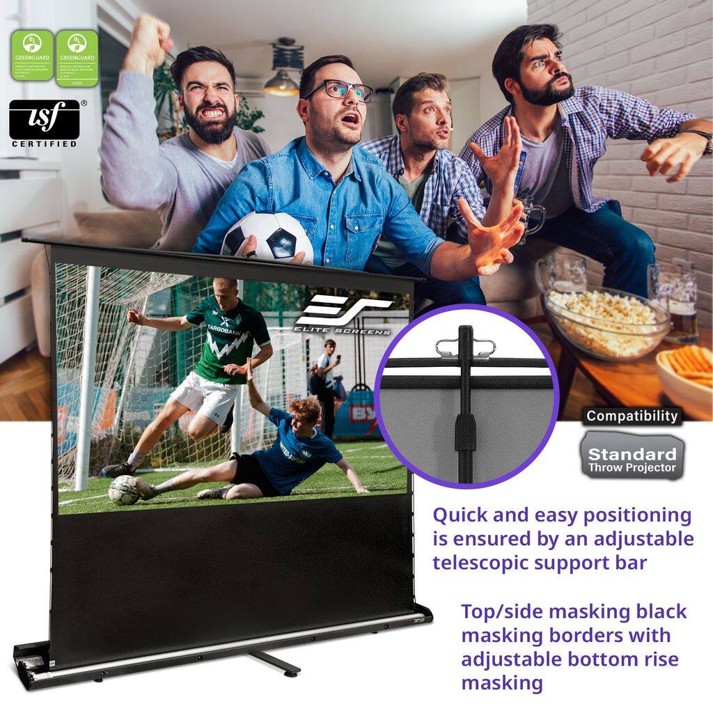 LISENGIARO GREENGUARD - USF CERTIFIED  
TARGORAN ELITE SCREEN  

Compatibility: Standard Throw Projector  

Quick and easy positioning is ensured by an adjustable telescopic support bar.  
Top/side masking black masking borders with adjustable bottom rise masking.
