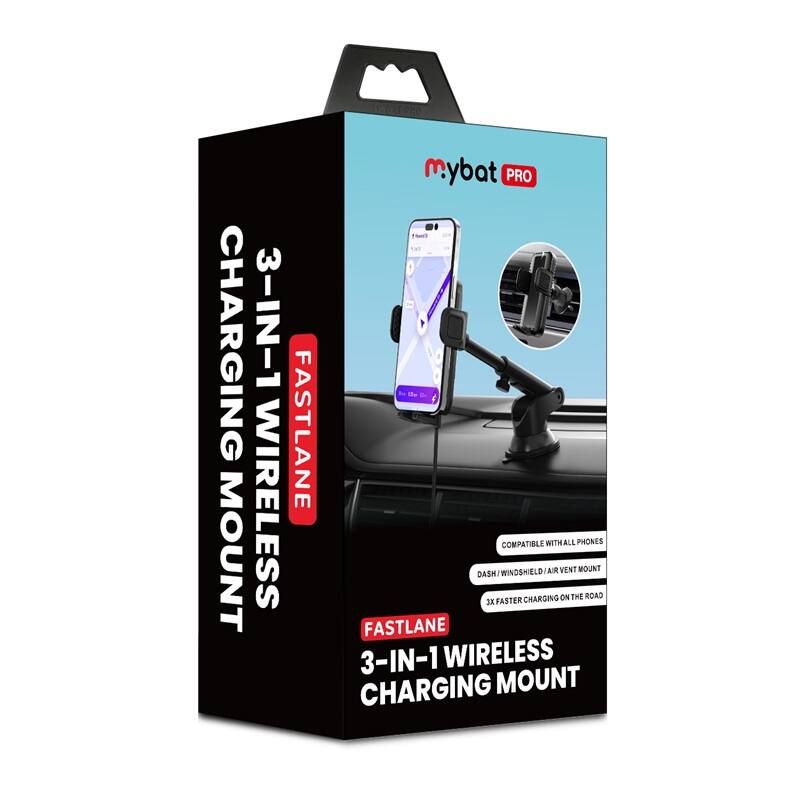 CHARGING MOUNT, 3-IN-1 WIRELESS FASTLANE MOUNT, mybat PRO, COMPATIBLE WITH ALL PHONES, WINDSHIELD/AIR VENT MOUNT, 3X FASTER CHARGING ON THE ROAD, 3-IN-1 WIRELESS CHARGING MOUNT