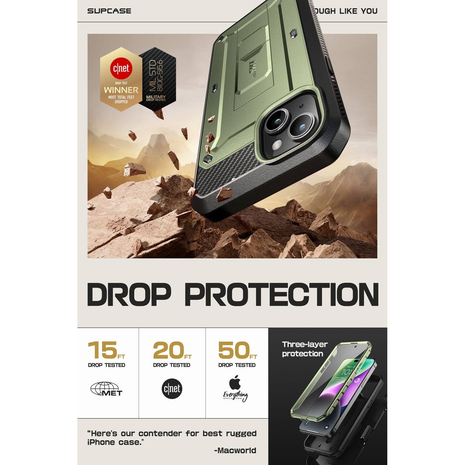 SUPCASE  
DUGH LIKE YOU  

c/net  
WINNER  
MOST TOTAL FEET DROPPED  

MIL-STD-810G  

DROP PROTECTION  

15 FT DROP TESTED  
20 FT DROP TESTED  
50 FT DROP TESTED  

Three-layer protection  

"Here's our contender for best rugged iPhone case."  
-Macworld