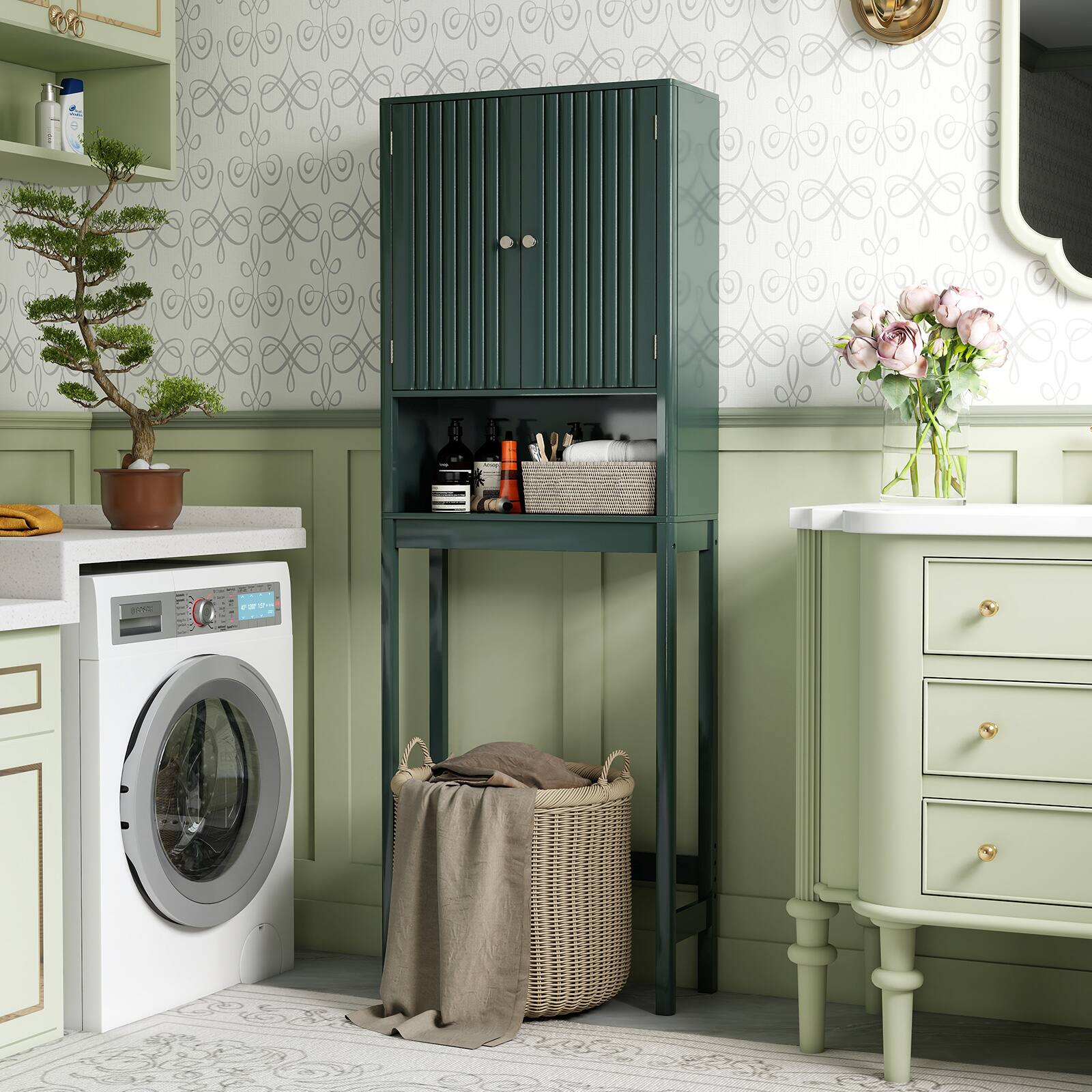 Alt View 3. Gymax - Gymax 66'' Over the Toilet Storage Cabinet w/Fluted Doors Adjustable Shelf & Bottom Bar Green - Green.