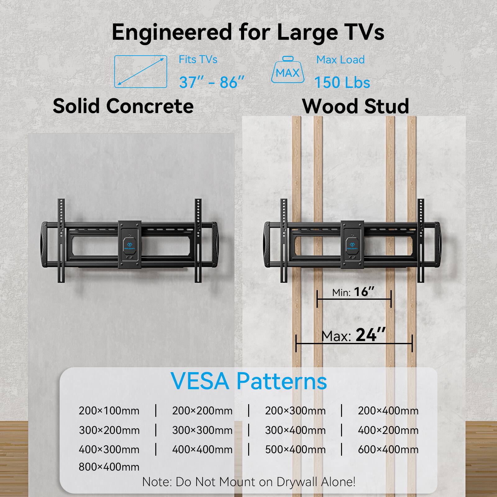 Engineered for Large TVs

Fits TVs  
37" - 86"

Solid Concrete

Max Load  
150 Lbs

Wood Stud  
Min: 16"  
Max: 24"

VESA Patterns  
200x100mm | 200x200mm | 200x300mm | 200x400mm  
300x200mm | 300x300mm | 300x400mm | 400x200mm  
400x300mm | 400x400mm | 500x400mm | 600x400mm  
800x400mm

Note: Do Not Mount on Drywall Alone!