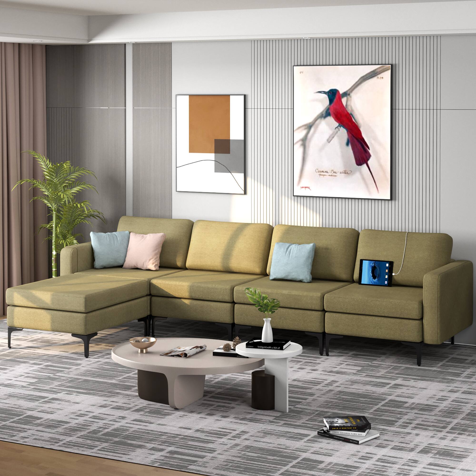 Alt View 1. Costway - Costway Modular L-shaped Sectional Sofa w/ Reversible Chaise & 4 USB Ports - Green.