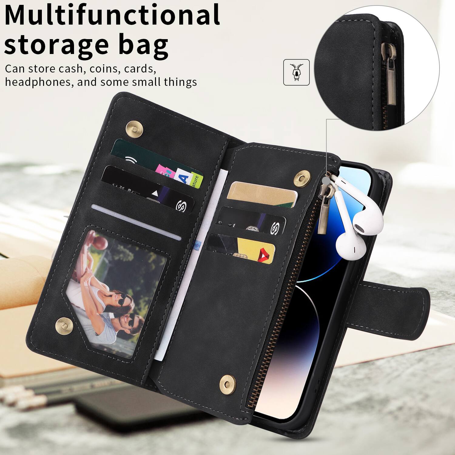 Multifunctional storage bag  
Can store cash, coins, cards, headphones, and some small things