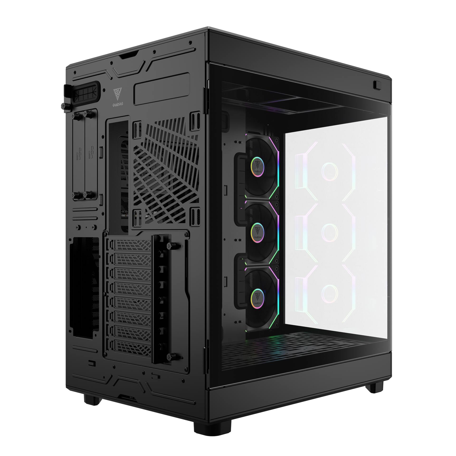Alt View 2. GAMDIAS - NESO P1 PRO black ATX pc case a high-end full-tower with a unique trapezoidal design, fits GPU 426mm - Black.