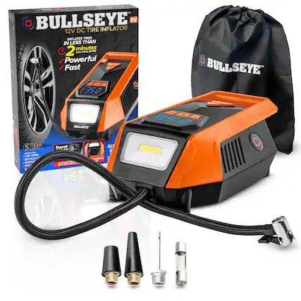 BULLSEYE
12V DC TIRE INFLATOR
INFLATES TIRES IN LESS THAN 2 minutes
PSI from 24 to 34
Powerful Fast
5 YEAR WARRANTY
GREAT FOR CAR TIRES BICYCLE MOTOR SPORTS
Sound PRESET PRESSURE SHUT OFF WITH AUTO ALERT
Light Sond
AU S 350 PRESSURE