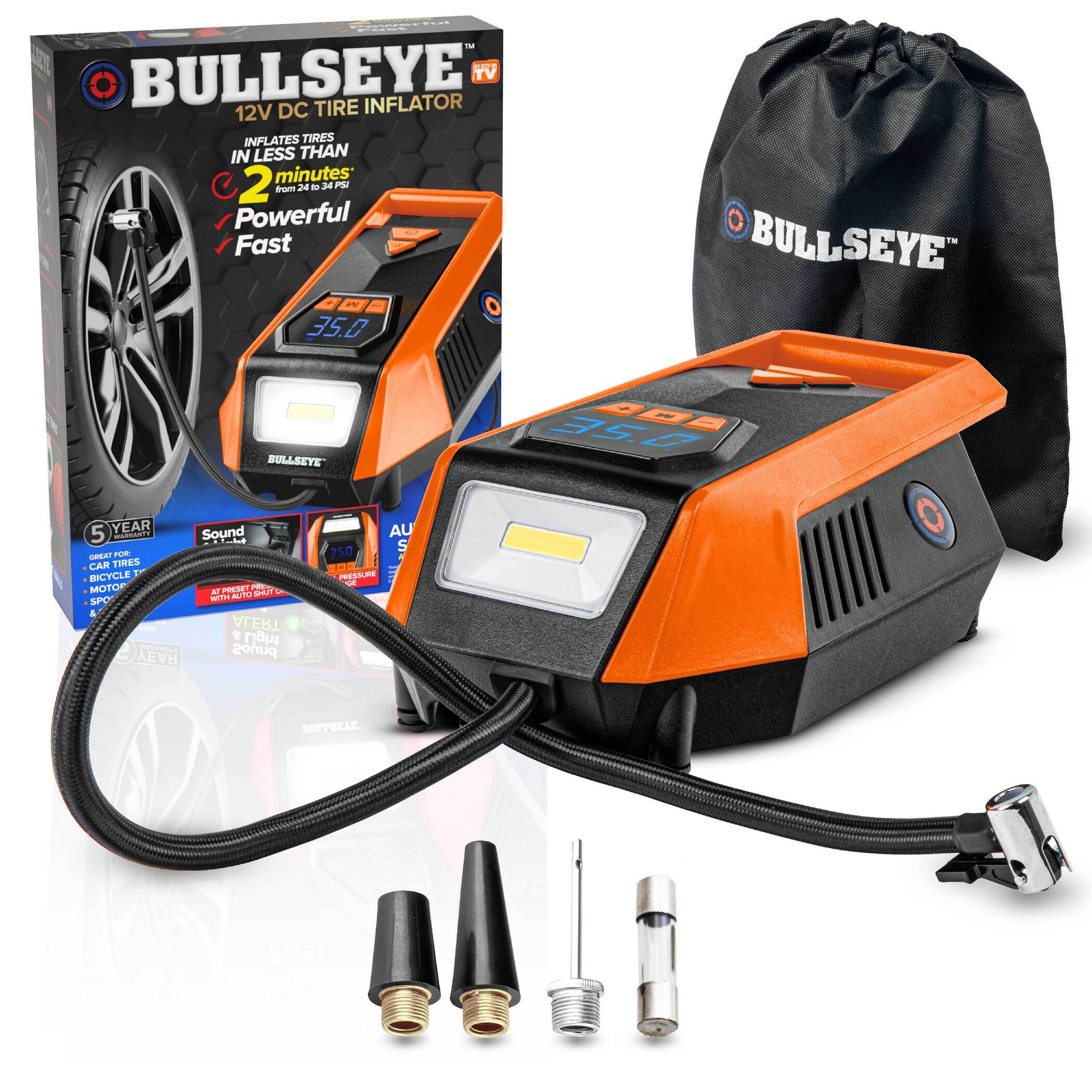 BULLSEYE  
12V DC TIRE INFLATOR  
INFLATES TIRES IN LESS THAN 2 minutes  
PSI from 24 to 34  
Powerful Fast  

5 YEAR WARRANTY  
GREAT FOR CAR TIRES BICYCLE MOTOR SPORTS  

Sound PRESET PRESSURE SHUT OFF WITH AUTO ALERT  
Light Sond  

AU S 350 PRESSURE
