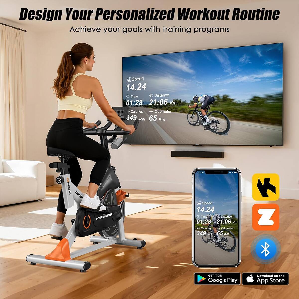 Design Your Personalized Workout Routine  
Achieve your goals with training programs

Speed 14.24  
Time 01:28  
Distance 21:06 Km  
Calories 349 kcal  
Odometer 65 Km

DINAMIC BICLES

GET IT ON Google Play  
Download on the App Store