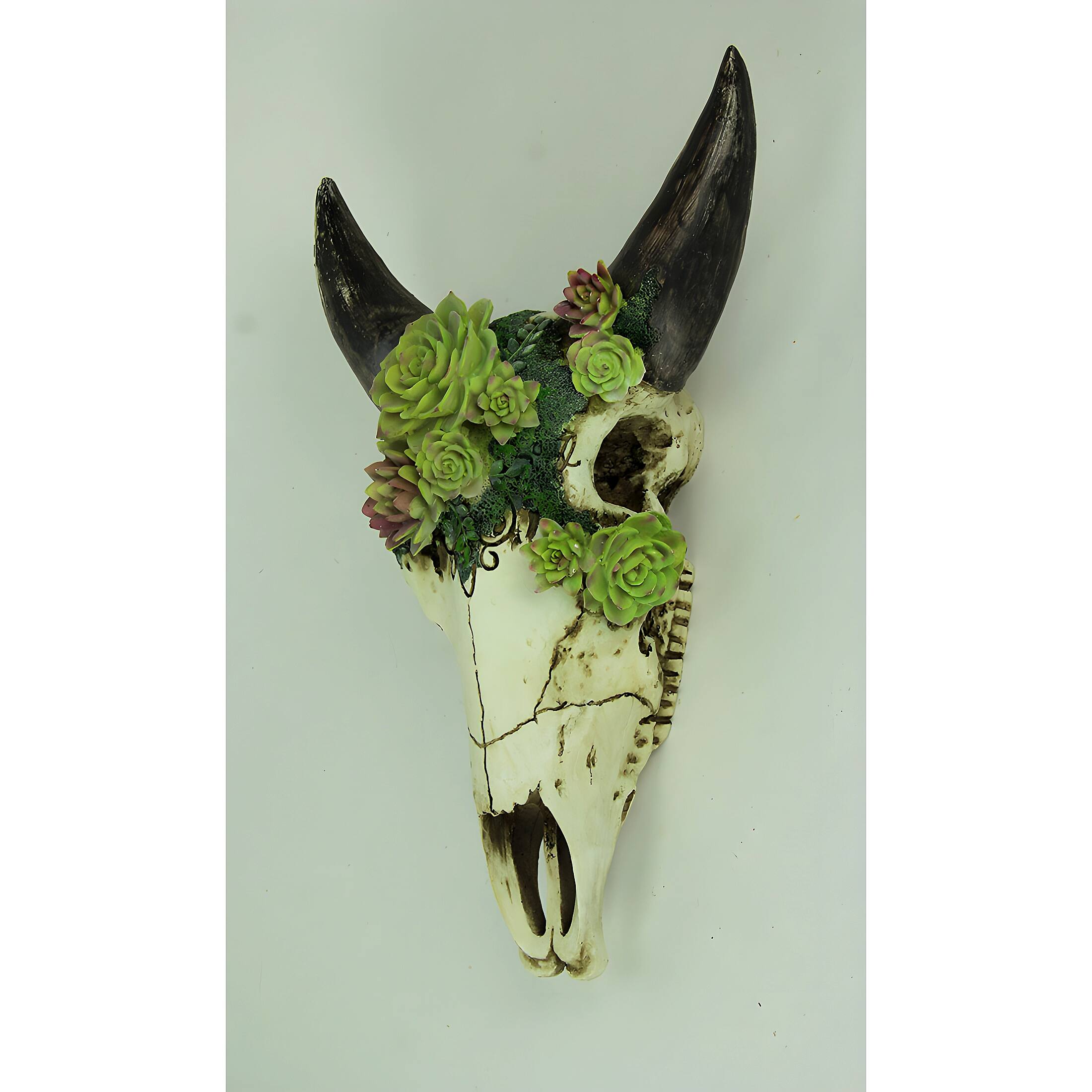 Alt View 1. Zeckos - Aged Bull Skull with Succulent Plants Hanging Statue - White.
