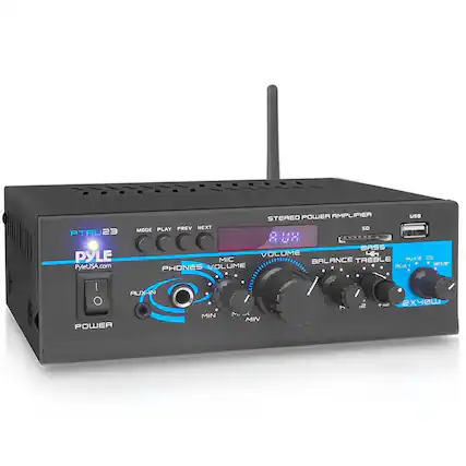 STEREO POWER AMPLIFIER
PTAU23
PYLE
PyleUSA.com
MODE PLAY PREV NEXT
USB SD
VOLUME
BASS
BALANCE TREBLE
MIC
PHONES VOLUME
AUX IN
AUX 2
CD
POWER
2X40W