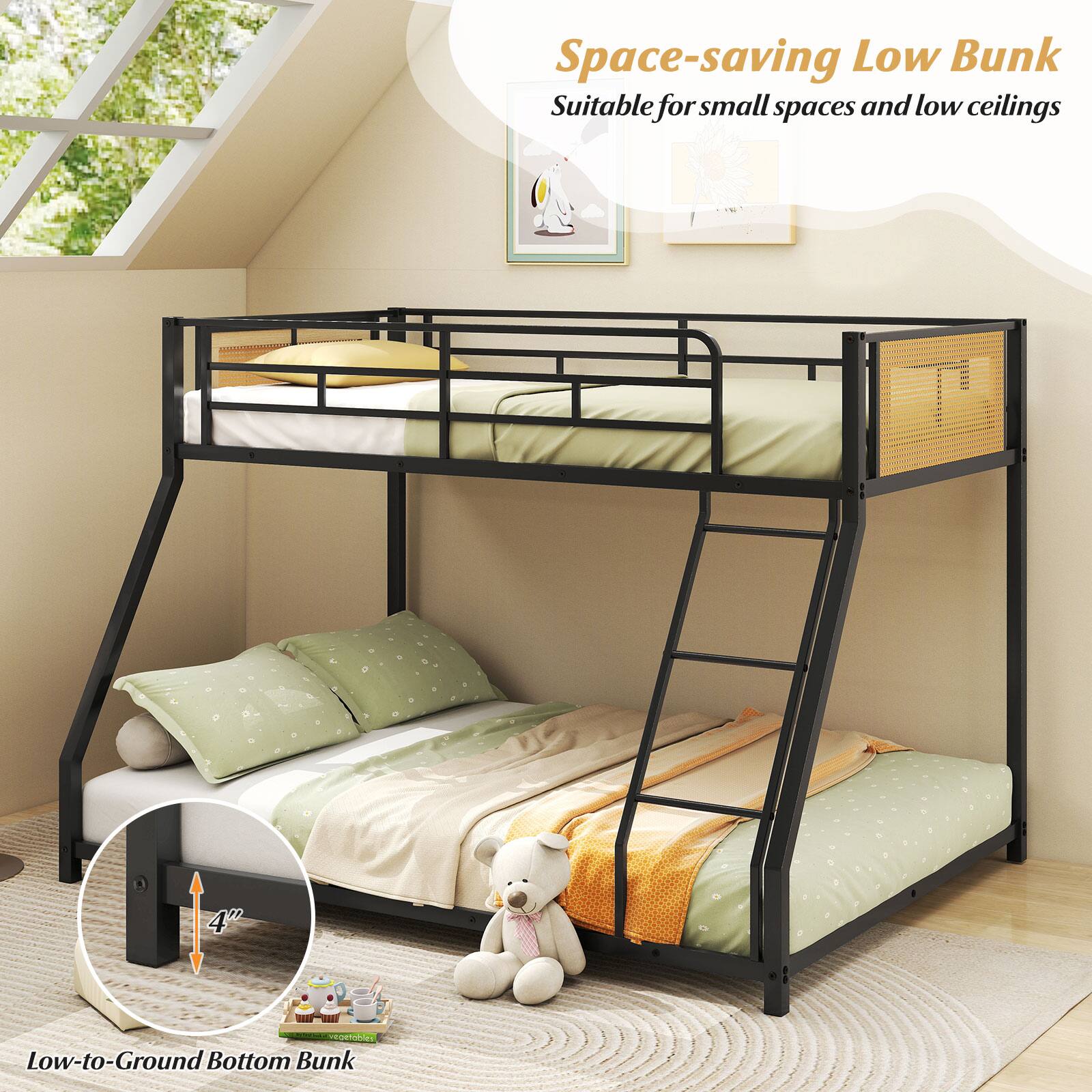 Space-saving Low Bunk  
Suitable for small spaces and low ceilings  

Low-to-Ground Bottom Bunk  

4"