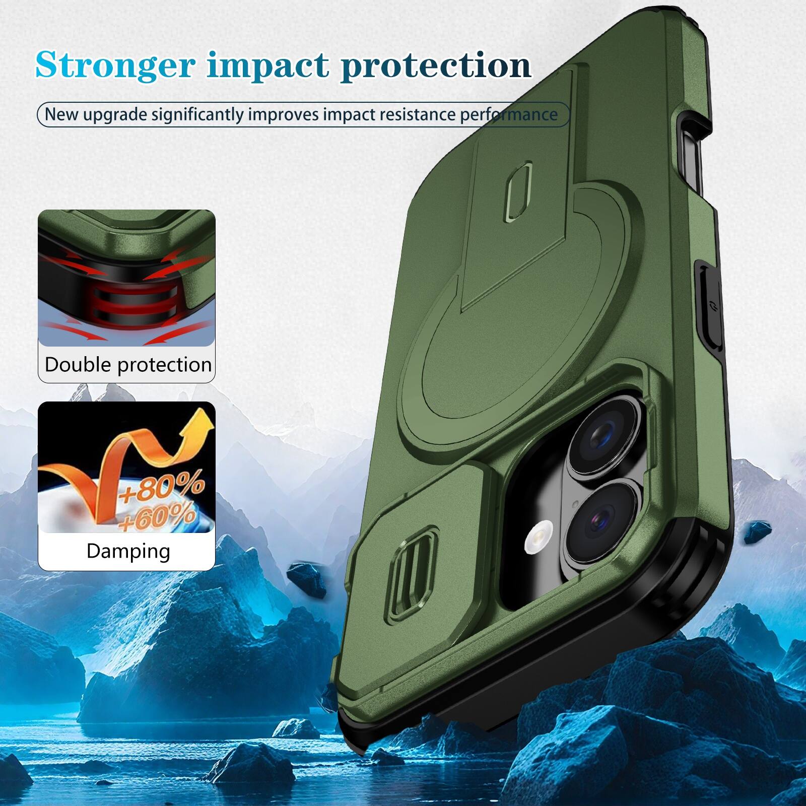 Stronger impact protection  
New upgrade significantly improves impact resistance performance  

Double protection  

+80%  
+60%  

Damping