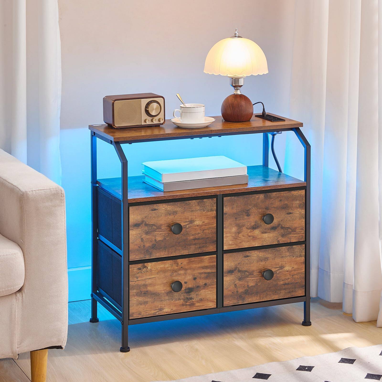 Alt View 2. VEGA AUTOMOTIVE - Nightstand With Charging Station End Table Led Light Strip Night Stand 4 Non-woven Fabric Drawers 2 Open Sh... - Black.