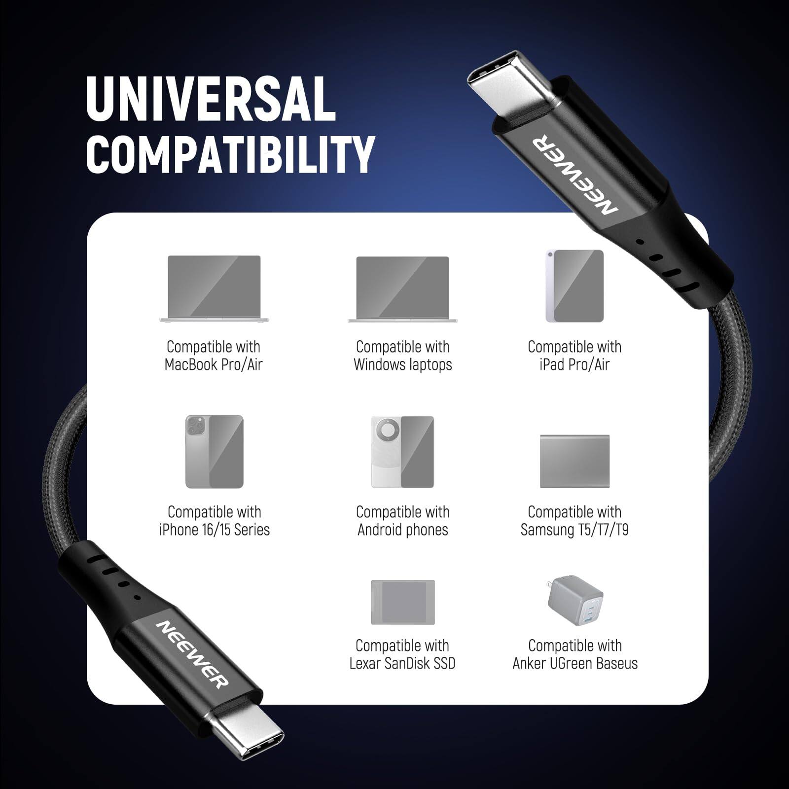 UNIVERSAL COMPATIBILITY

- Compatible with MacBook Pro/Air
- Compatible with Windows laptops
- Compatible with iPad Pro/Air
- Compatible with iPhone 16/15 Series
- Compatible with Android phones
- Compatible with Samsung T5/T7/T9
- Compatible with Lexar SanDisk SSD
- Compatible with Anker UGreen Baseus