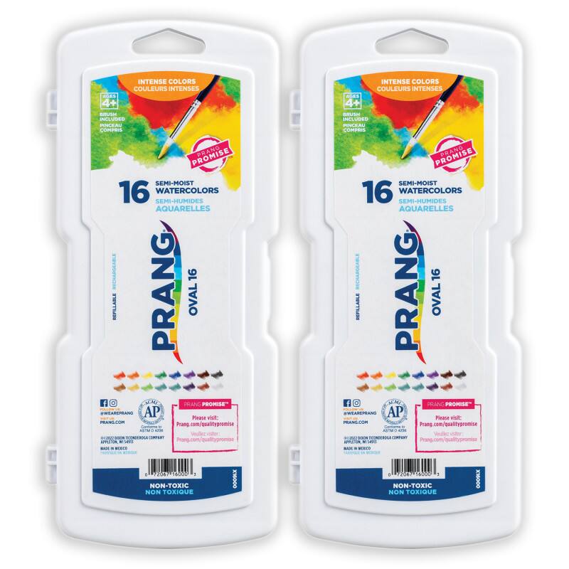 INTENSE COLORS COULEURS INTENSES AGES 4+  
BRUSH INCLUDED COMPRISE  
16 SEMI-MOIST WATERCOLORS SEMI-HUMIDES AQUARELLES RECHARGEABLE  
PRANG OVAL 16  
PRANG PROMISE  
Please visit: Prang.com/qualitypromise  
NON-TOXIC NON TOXIQUE  

AP  
MADE IN MEXICO  
APPLETON ART COMPANY  
NON-TOXIC NON TOXIQUE