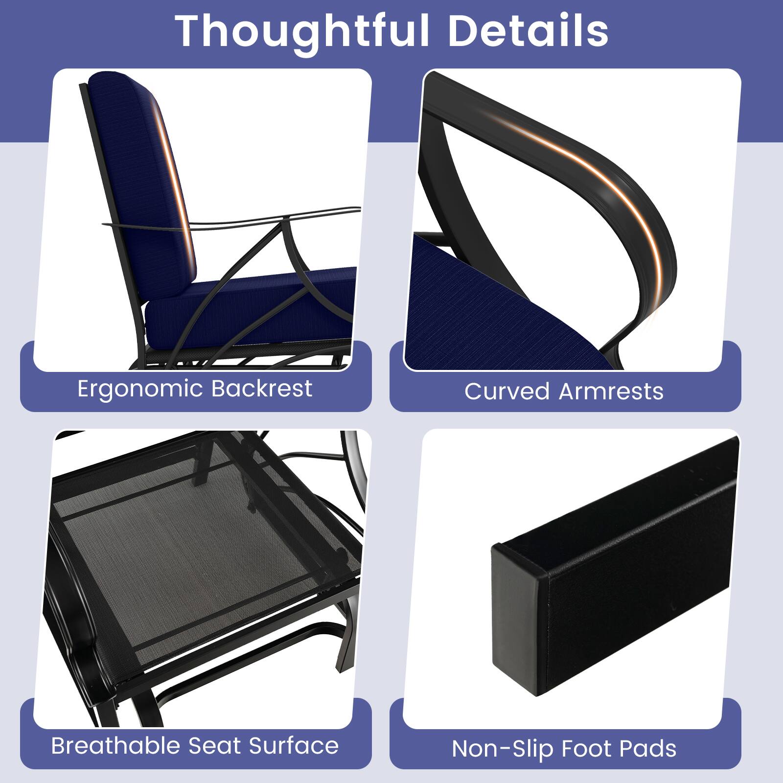 Thoughtful Details

- Ergonomic Backrest
- Curved Armrests
- Breathable Seat Surface
- Non-Slip Foot Pads