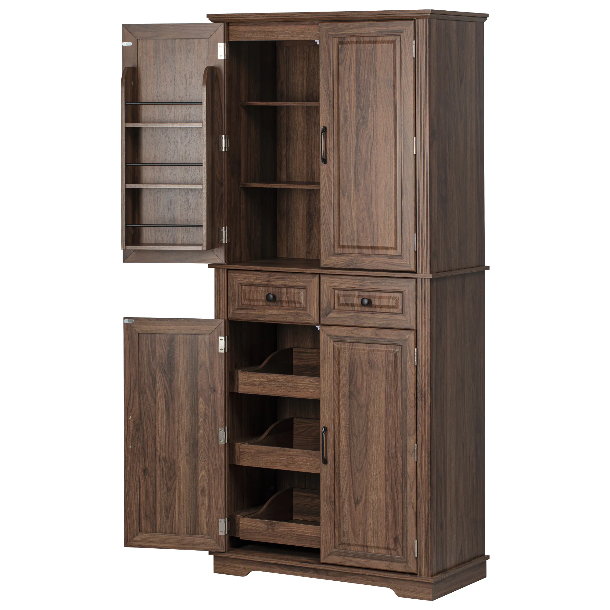 Dexmalle - Dexmalle-71" Tall Farmhouse Freestanding Kitchen Cabinet with 3 Pull Out Cabinet - Brown