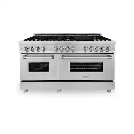 Front. ZLINE - 60" Legacy Dual Fuel Range w/ Gas Cooktop & 2 Electric Ovens w/ 8 Brass Burners (RA-BR-60) - Stainless steel look.