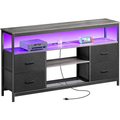 Hirose Alice - Tv Stand Dresser With Power Outlets And Led Lights 4 Drawers Entertainment Center Open Shelf Media Console For - Grey and Black-43.3 Inches