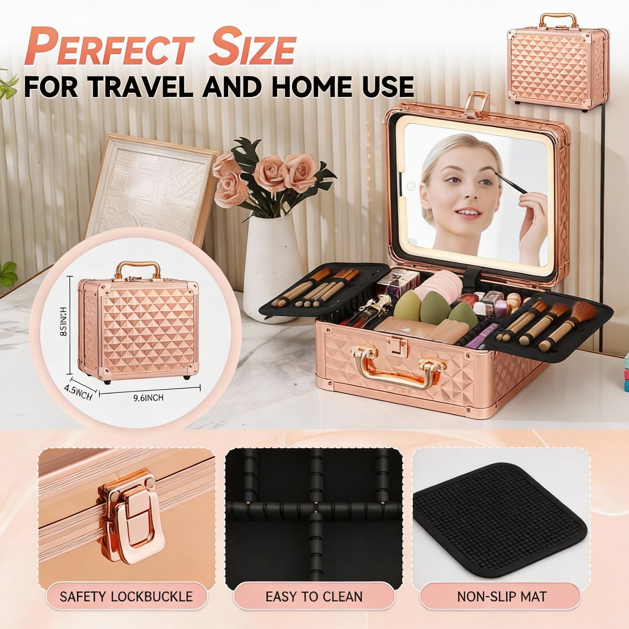 PERFECT SIZE FOR TRAVEL AND HOME USE  
8.5INCH 4.5WCH 9.6INCH  
SAFETY LOCKBUCKLE  
EASY TO CLEAN  
NON-SLIP MAT