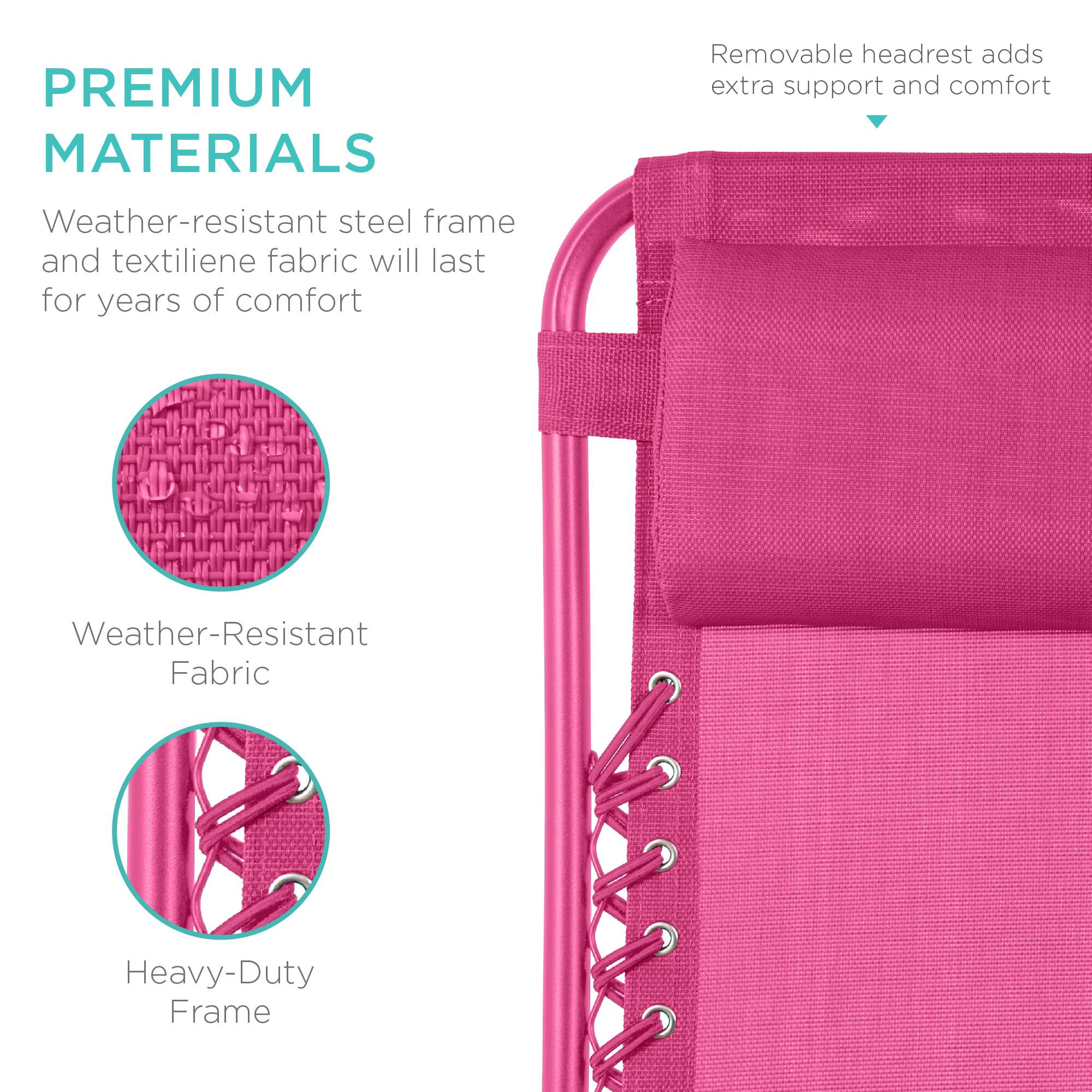 PREMIUM MATERIALS

Weather-resistant steel frame and textilene fabric will last for years of comfort

- Weather-Resistant Fabric
- Heavy-Duty Frame

Removable headrest adds extra support and comfort