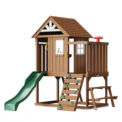 Front. VEVOR - Outdoor Wooden Playhouse, Modern Cedar Playhouse for Age 2-8 Years Kids, Garden Games Cottage - Brown.