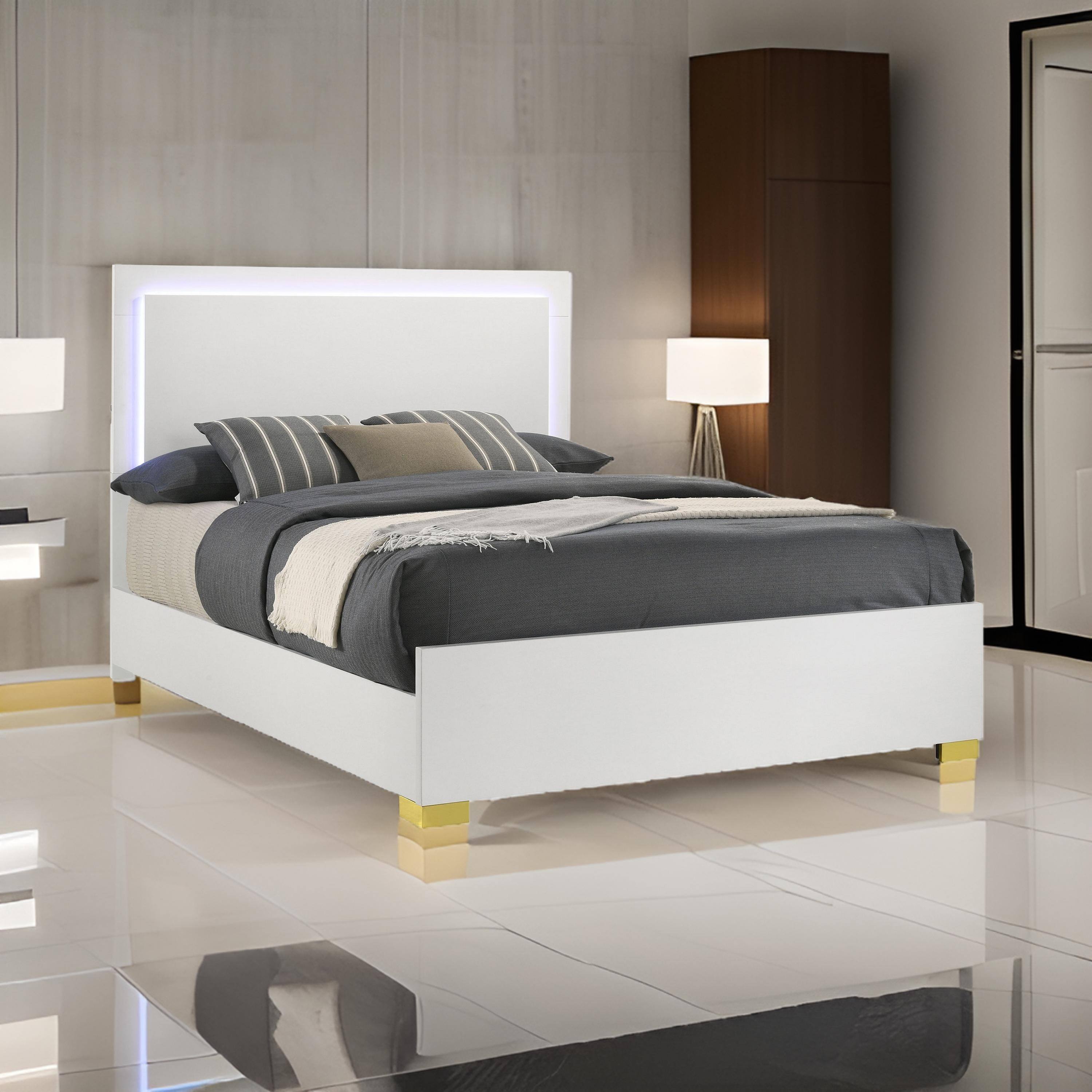 Alt View 2. Manhattan Lane - Dex Full Size Bed with LED Framed Headboard, White Wood Finish, Gold Legs - White, Gold.