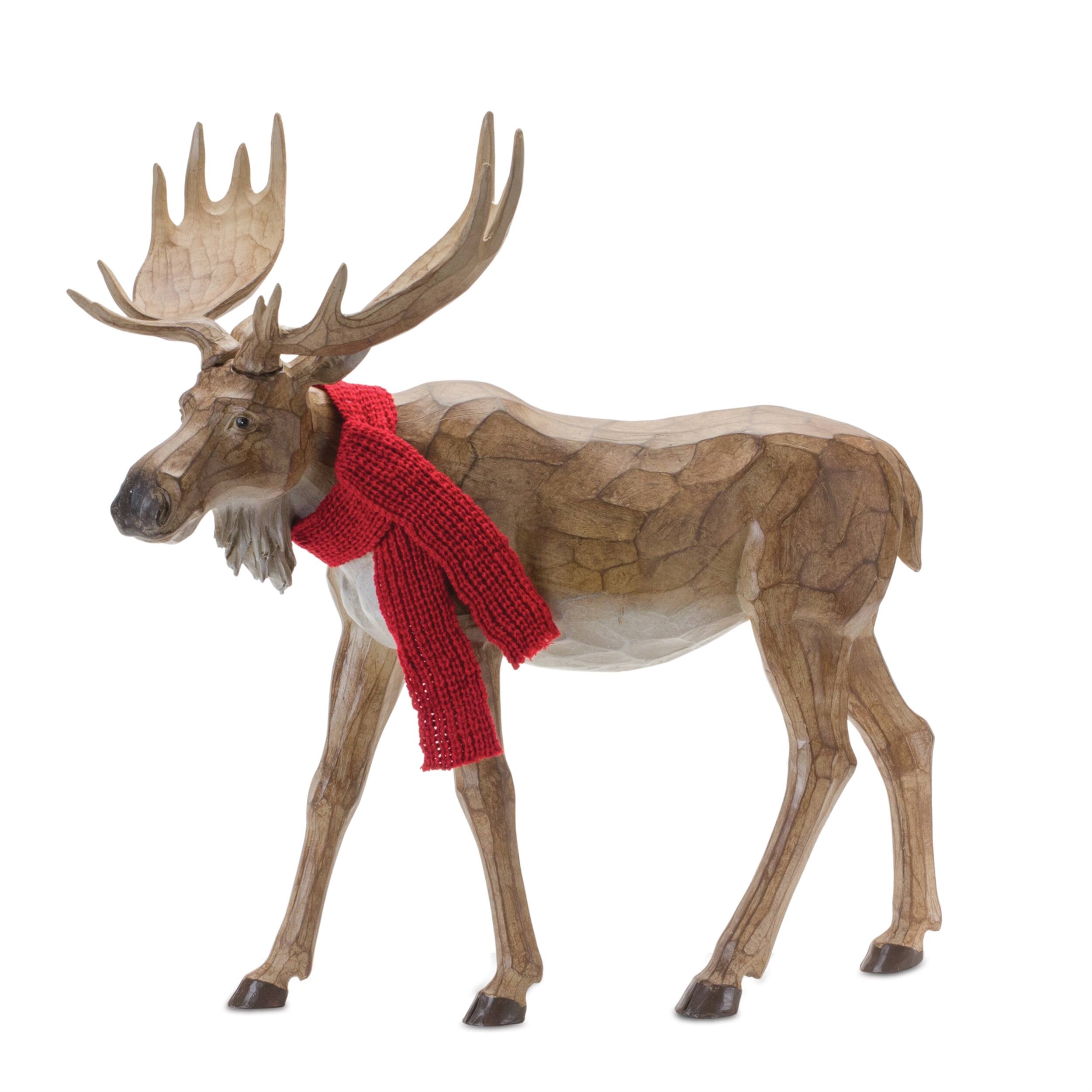Back. BreeBe - Carved Winter Moose with Scarf (Set of 2) - Brown, Red.