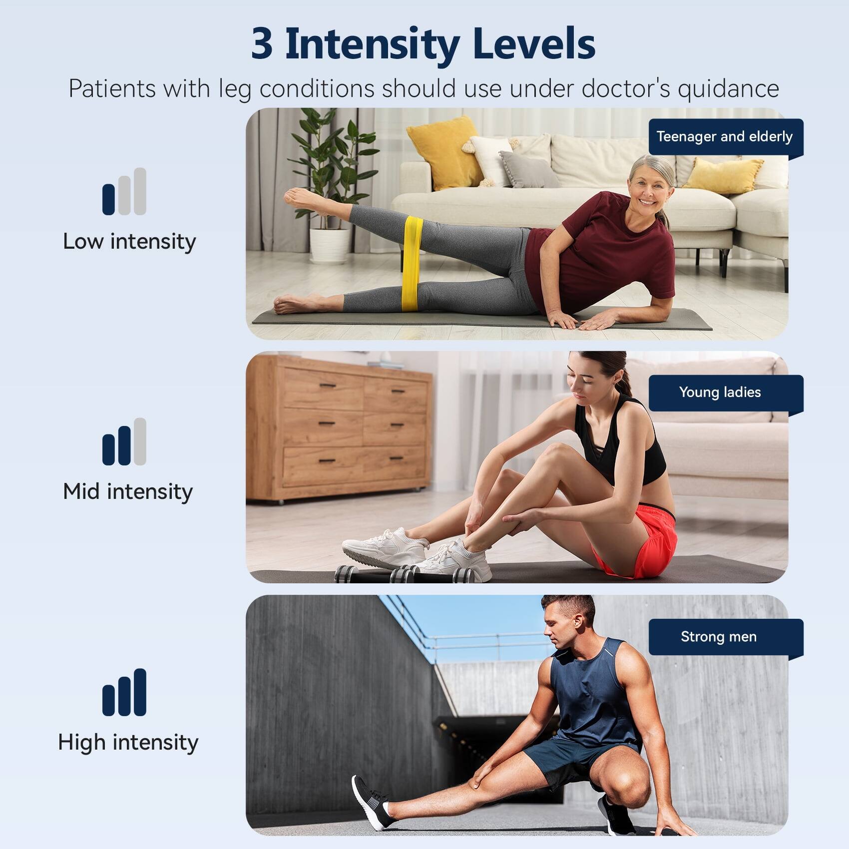 3 Intensity Levels  
Patients with leg conditions should use under doctor's guidance  

Low intensity  
Teenager and elderly  

Mid intensity  
Young ladies  

High intensity  
Strong men