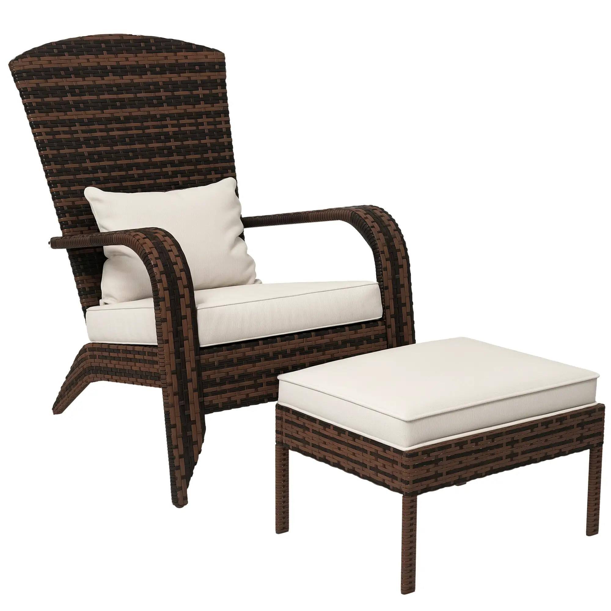 Angle. Resenkos - Resenkos Wicker Adirondack Fire Pit Chair with Ottoman & Cushions, White, Outdoor Lounger, Blue - Blue.