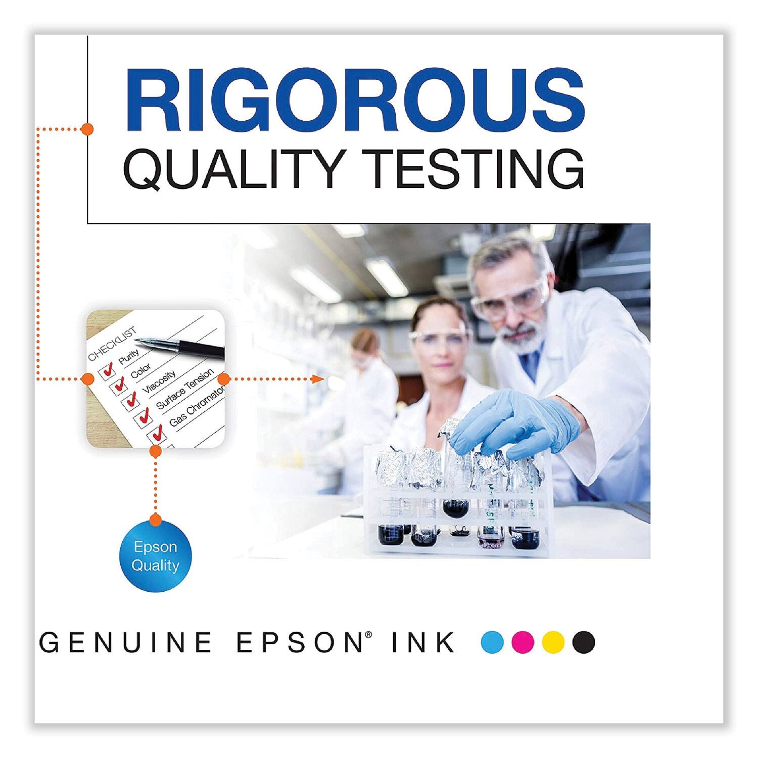 RIGOROUS QUALITY TESTING

CHECKLIST
- Purity
- Color
- Tension
- Viscosity
- Surface Tension
- Gas Chromatography

Epson Quality

GENUINE EPSON® INK