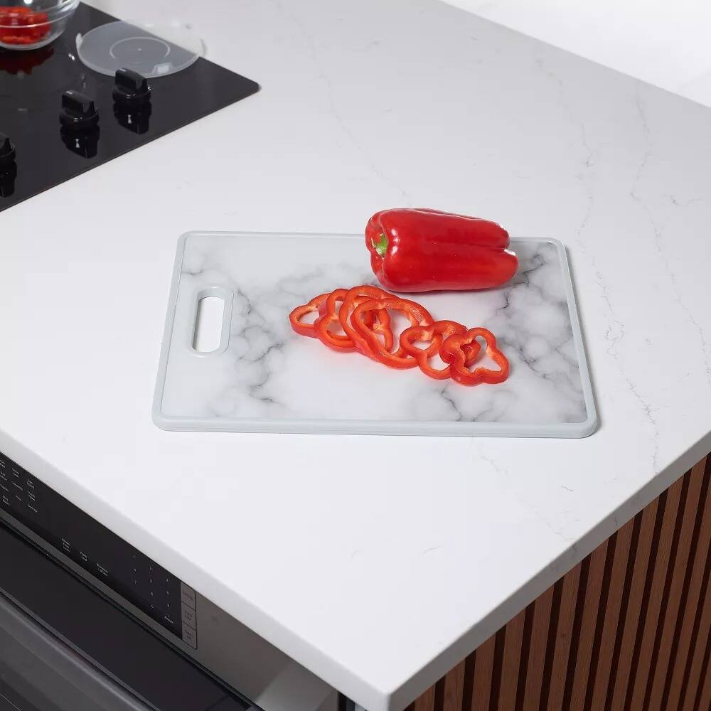 Back. Elle Decor - 12" x 15" Kitchen Cutting Board -Marble Designed Plastic, Nonslip, Easy-Grip Handle, Dishwasher Safe - Marble.