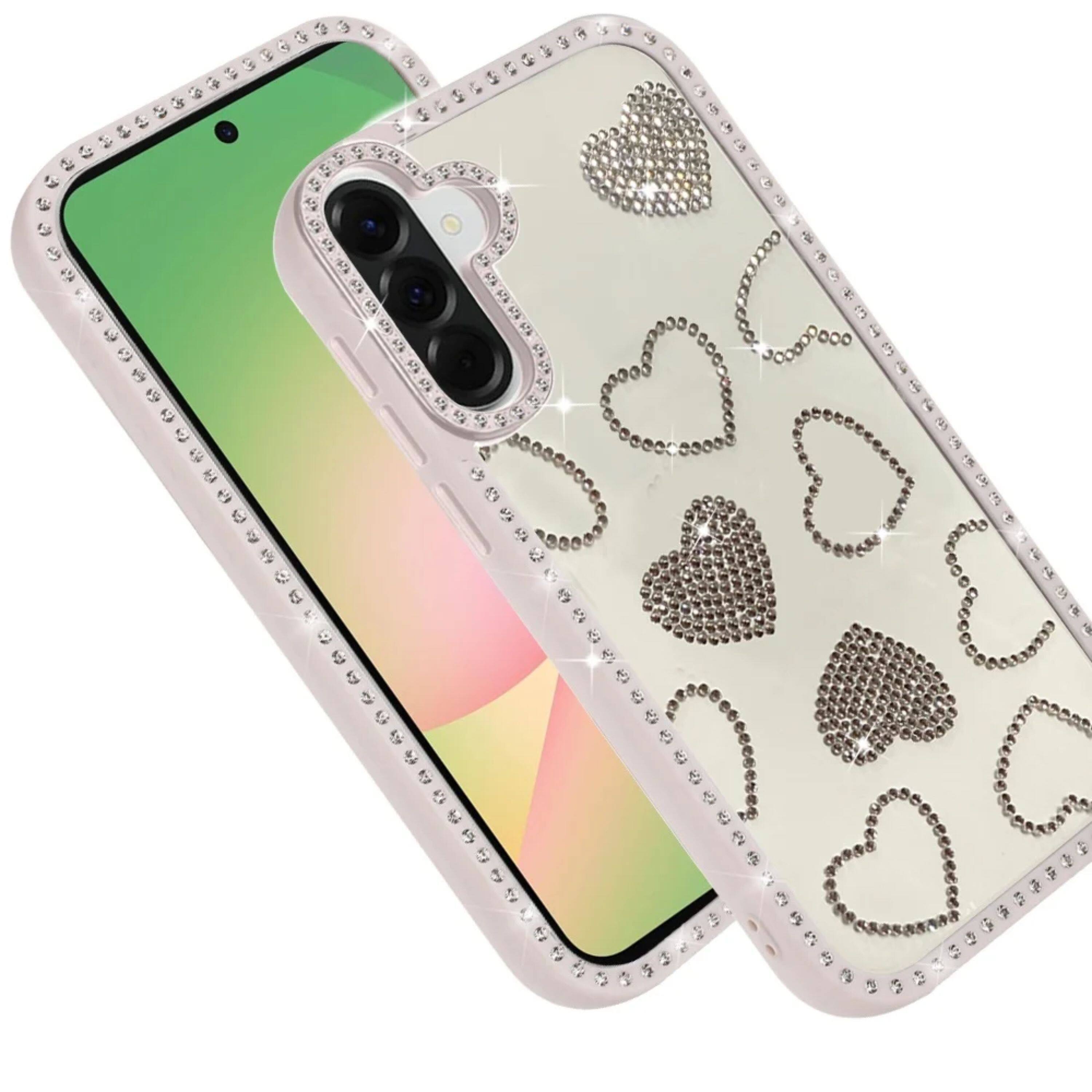 Left. Kitcheniva - Rhinestone Hearts Bling Around Trim Phone Case With Tempered Glass For Samsung Galaxy A57 5G Beige - Biege.
