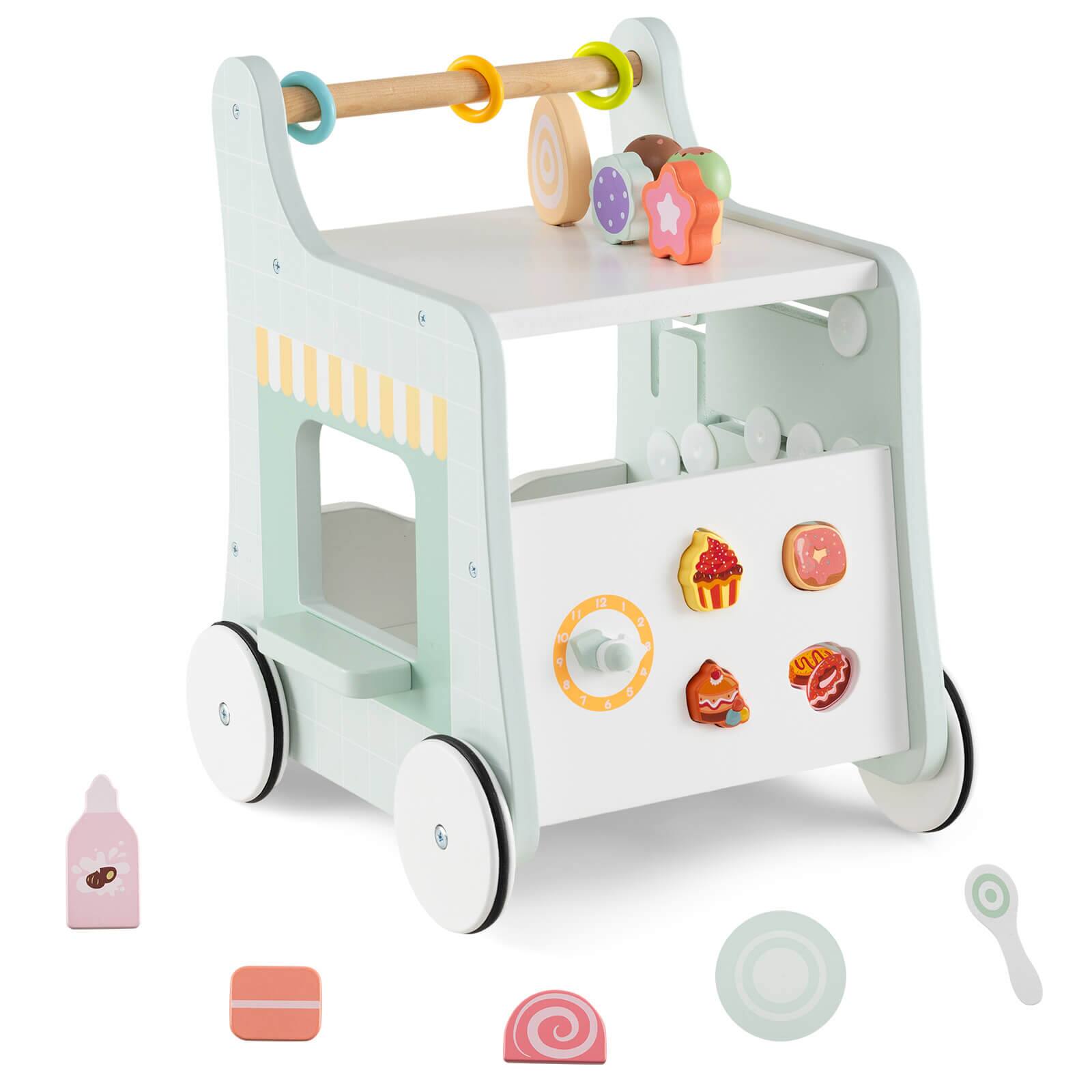 Front. Costway - Costway Wooden Baby Walker Ice Cream Cart Toy with Sweet Accessories & Smooth Wheels - Green.