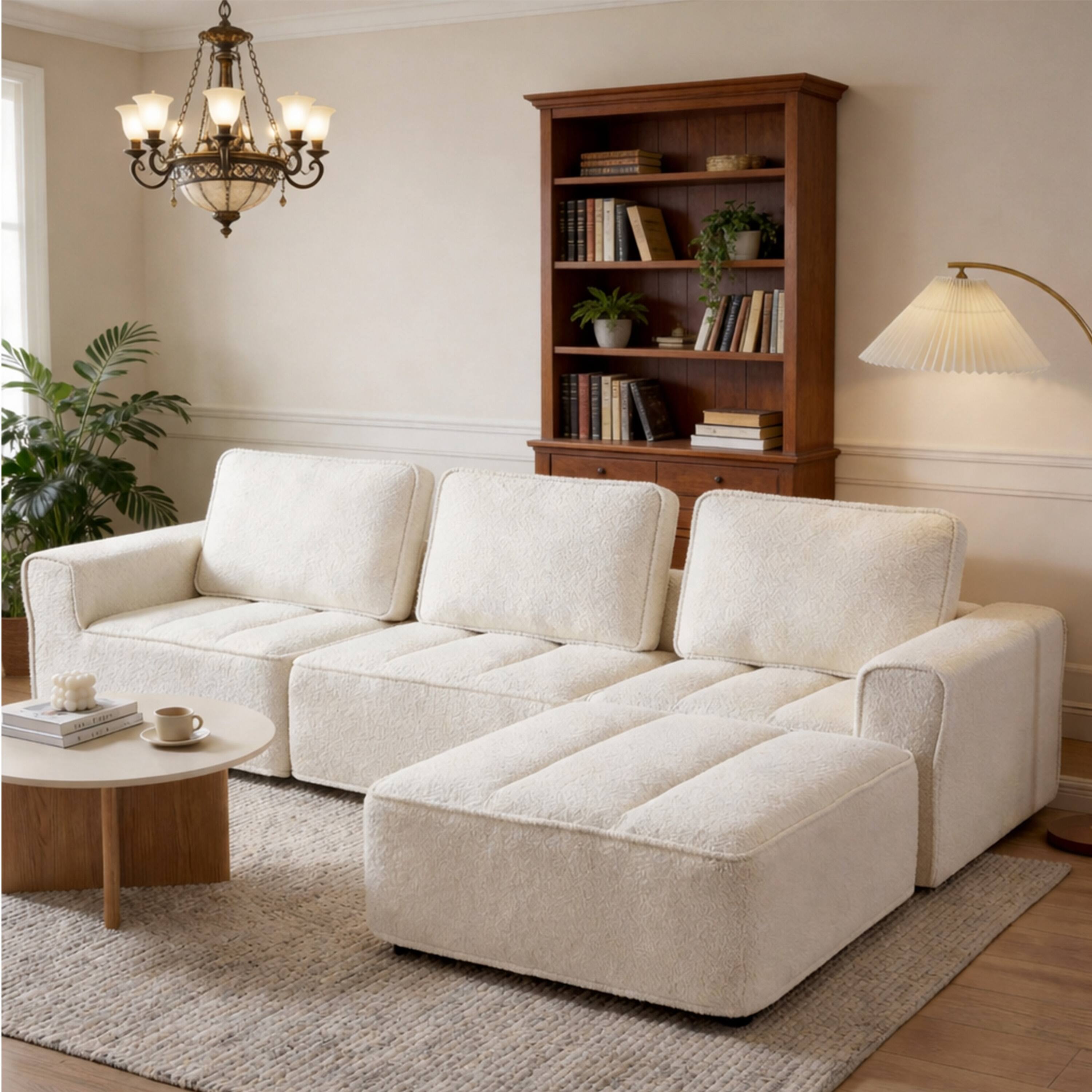 Angle. Dyonery - 110" L Shaped Modular Sectional Sofa with Ottoman, Boneless Couch for Living Room - Beige.