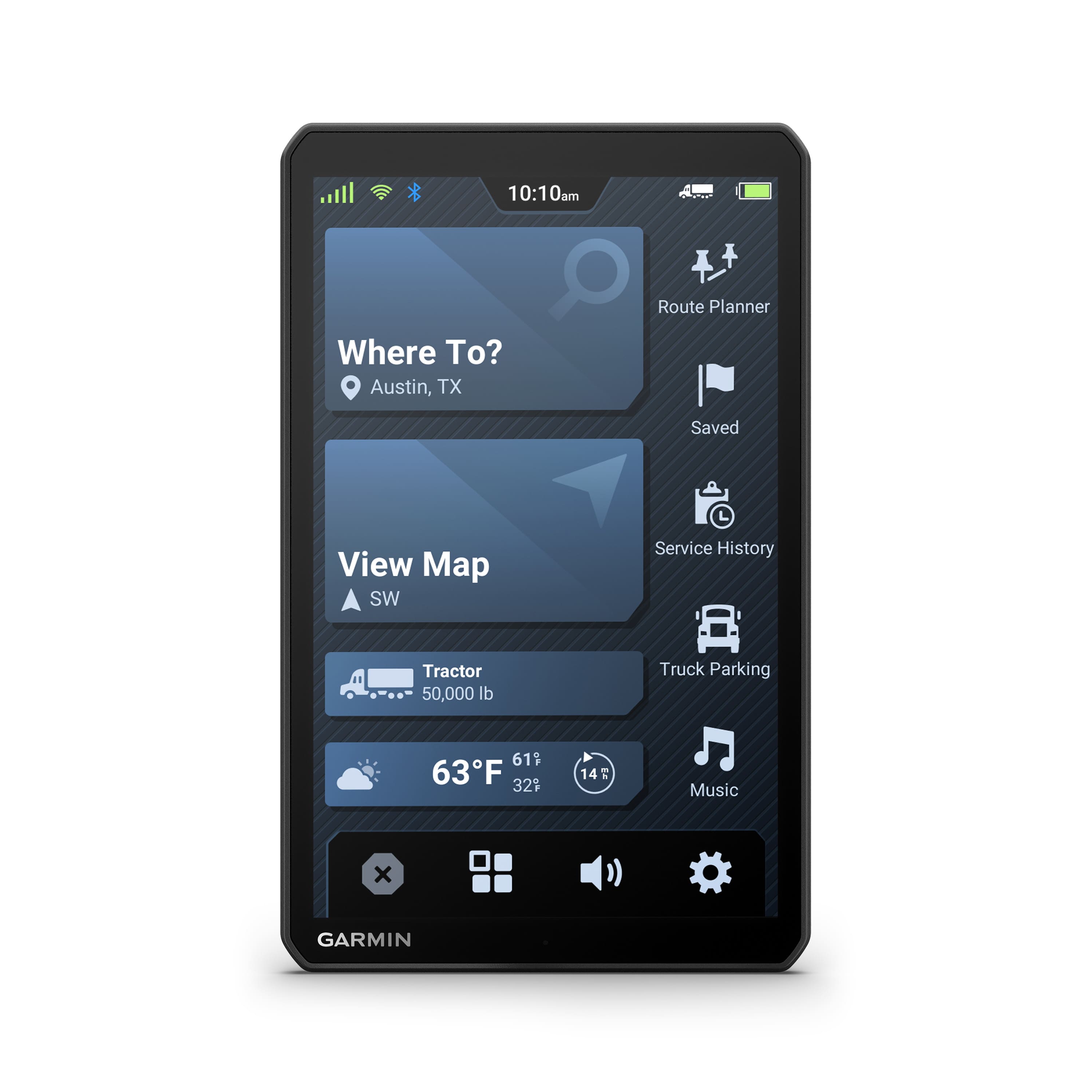 The text on the image is grouped as follows:
1. Route Planner Where To? Austin, TX
2. Saved View Map SW Service History Tractor 50,000 lb Truck Parking 61% 63F 32% 14 E Music x GARMIN