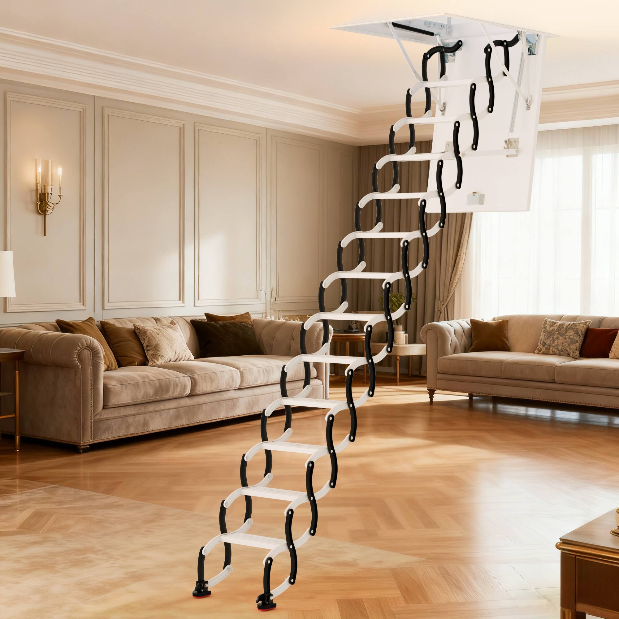 Alt View 2. Topteng - 12-Step Black Folding Attic Ladder -660lb Capacity,Alloy Steel,Ceiling Mount for 39.4"x27.5" Opening,Space-Saving Design - White.