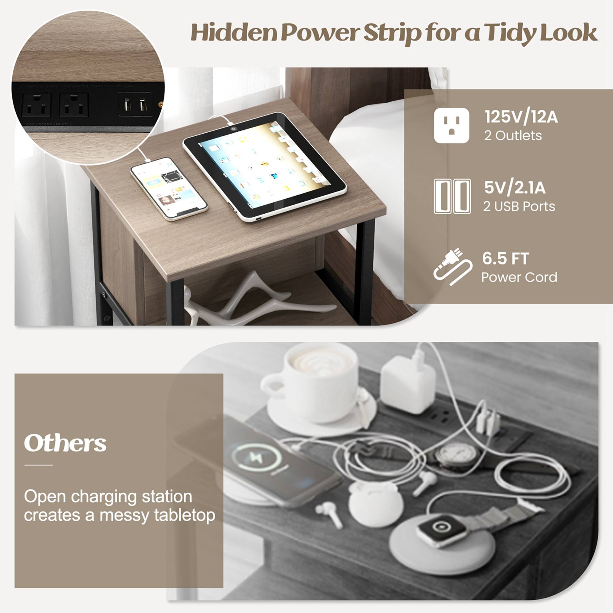 Hidden Power Strip for a Tidy Look: 125V/12A, 2 Outlets, 5V/2.1A, 2 USB Ports, 6.5 FT Power Cord. Others: Open charging station creates a messy tabletop.