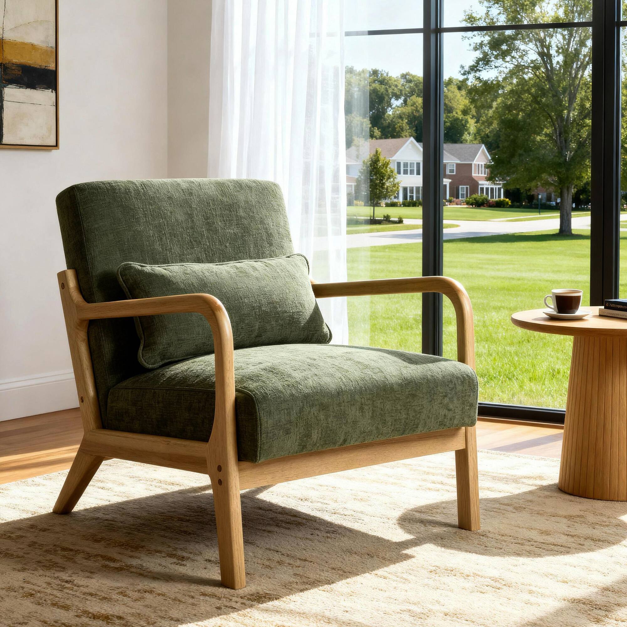 Angle. GOODSILO - Modern Accent Armchair with Solid Wood Frame and Detachable Lumbar Pillow for Living Spaces - Army Green.